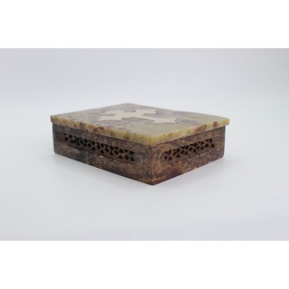 Religious Gift, Stone Trinket Box with Brass Cross Inlay, 4x3" - Picture 3 of 11